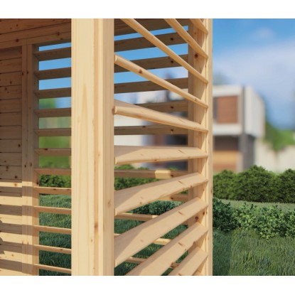 Közelkép a Bertilo Pavilon Garden Lounge 2-ről, fából, természetes színű lécekkel. Közelkép a Bertilo Pavilon Garden Lounge 2-ről, fából, természetes színű lécekkel.