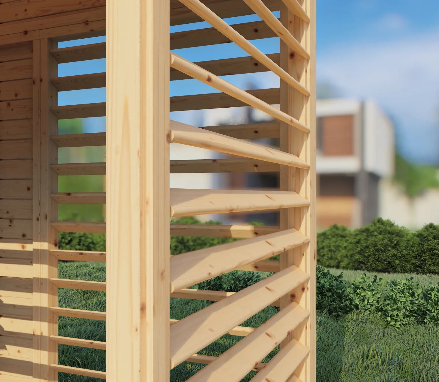 Közelkép a Bertilo Pavilon Garden Lounge 2-ről, fából, természetes színű lécekkel. Közelkép a Bertilo Pavilon Garden Lounge 2-ről, fából, természetes színű lécekkel.