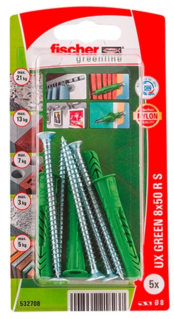 Fischer UX Green tiplik 8x50 csavarokkal, 5 darabos csomag. Univerzális tipli különböző építőanyagokhoz. Fischer UX Green tiplik 8x50 csavarokkal, 5 darabos csomag. Univerzális tipli különböző építőanyagokhoz.