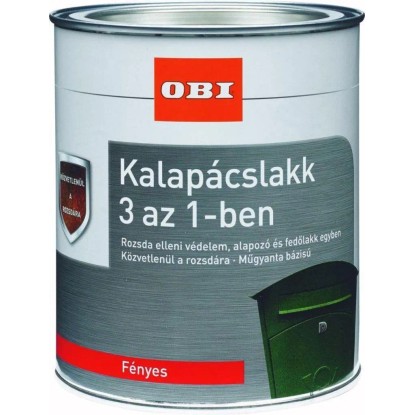 Figyelmeztetések az OBI kalapácslakk 3 az 1-ben termékhez: Gyúlékony, irritáló, káros a vízi szervezetekre. Figyelmeztetések az OBI kalapácslakk 3 az 1-ben termékhez: Gyúlékony, irritáló, káros a vízi szervezetekre.