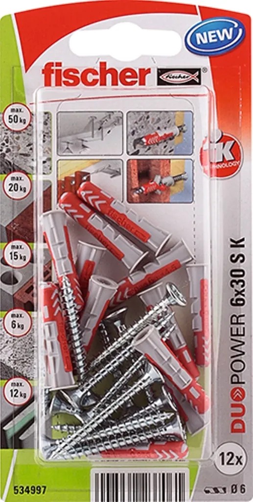 Fischer Duopower 6x30 S K tiplik és csavarok készlet, különböző építőanyagokhoz. Fischer Duopower 6x30 S K tiplik és csavarok készlet, különböző építőanyagokhoz.