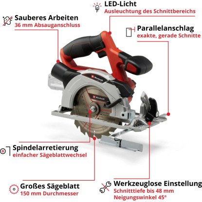 Einhell Power X-Change TE-CS 18/150 Li Solo akkus kézi körfűrész: Piros és ezüst akkus fűrész fűrészlappal. Einhell Power X-Change TE-CS 18/150 Li Solo akkus kézi körfűrész: Piros és ezüst akkus fűrész fűrészlappal.