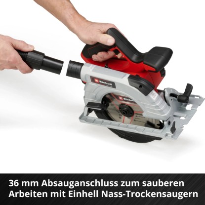 Einhell TP-CS 18/190 akkus kézi körfűrész porelszívó adapterrel használat közben. Einhell TP-CS 18/190 akkus kézi körfűrész porelszívó adapterrel használat közben.