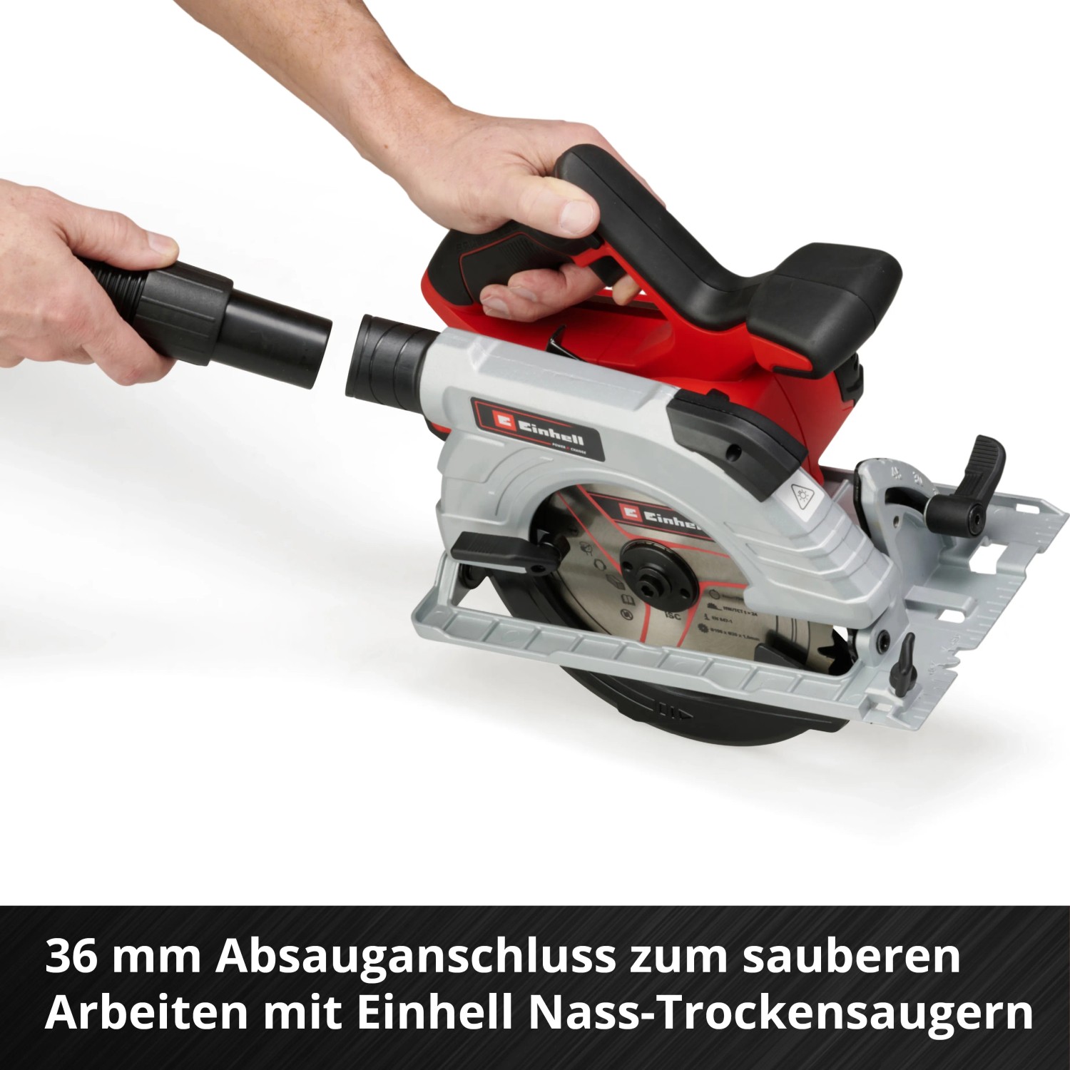 Einhell TP-CS 18/190 akkus kézi körfűrész porelszívó adapterrel használat közben. Einhell TP-CS 18/190 akkus kézi körfűrész porelszívó adapterrel használat közben.