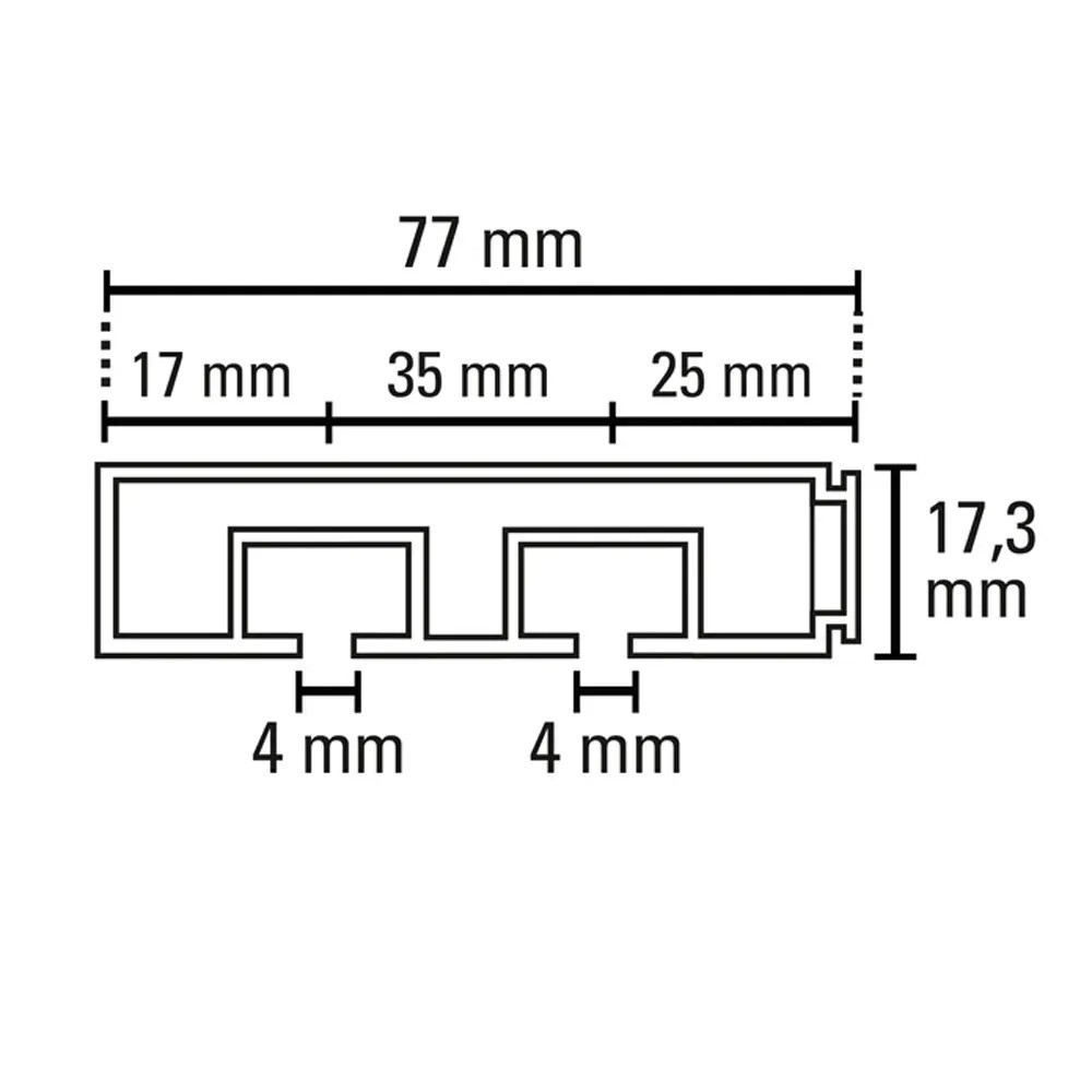 Gardinia GE2 függönysín keresztmetszete, 2 pályás, fehér, méretekkel. Gardinia GE2 függönysín keresztmetszete, 2 pályás, fehér, méretekkel.