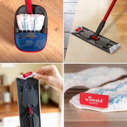 A Vileda H2PrO lapos felmosó szett részletes képe vödörrel és felmosóval. A Vileda H2PrO lapos felmosó szett részletes képe vödörrel és felmosóval.