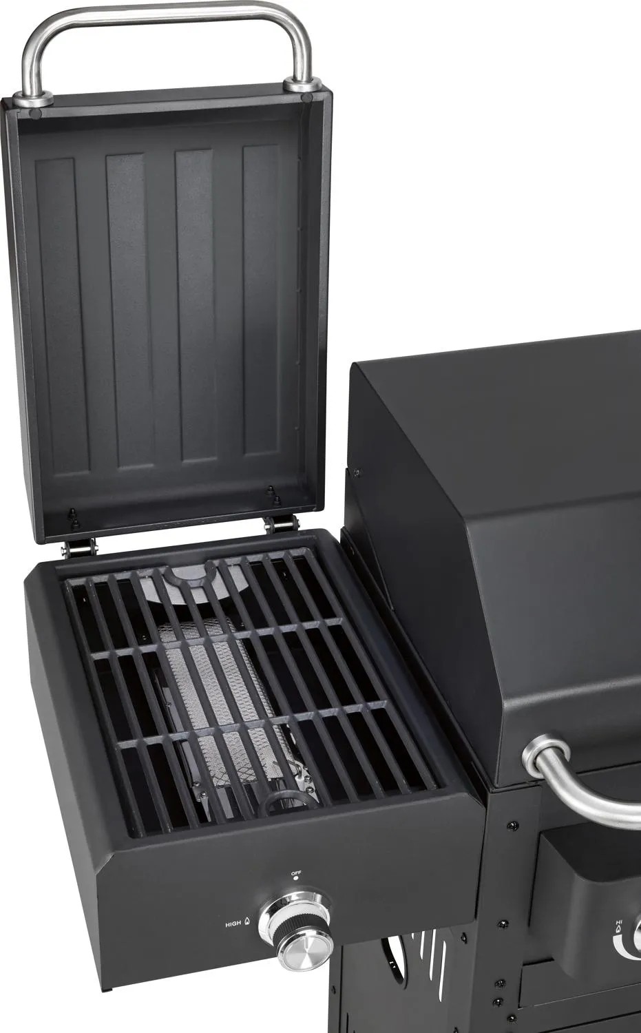 Fekete kombinált grill nyitott fedéllel és grillráccsal. Fekete kombinált grill nyitott fedéllel és grillráccsal.