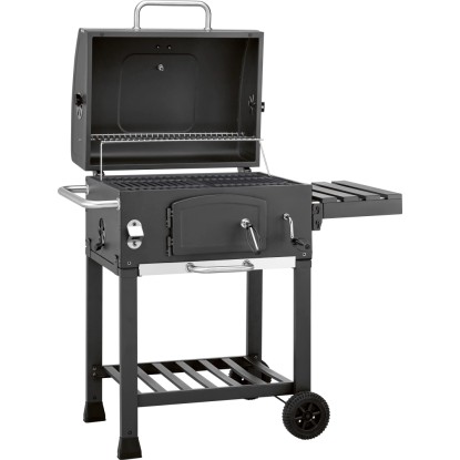 Fekete Jamestown Jaxon faszenes grill nyitott fedéllel és oldalsó asztallal. Fekete Jamestown Jaxon faszenes grill nyitott fedéllel és oldalsó asztallal.