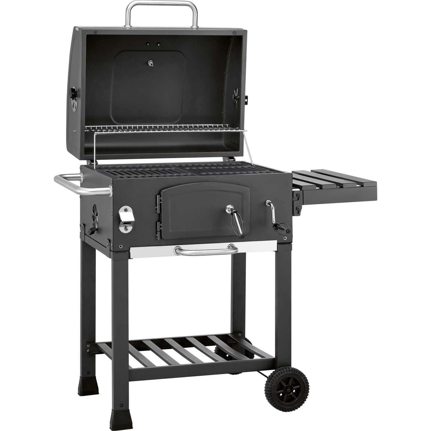 Fekete Jamestown Jaxon faszenes grill nyitott fedéllel és oldalsó asztallal. Fekete Jamestown Jaxon faszenes grill nyitott fedéllel és oldalsó asztallal.