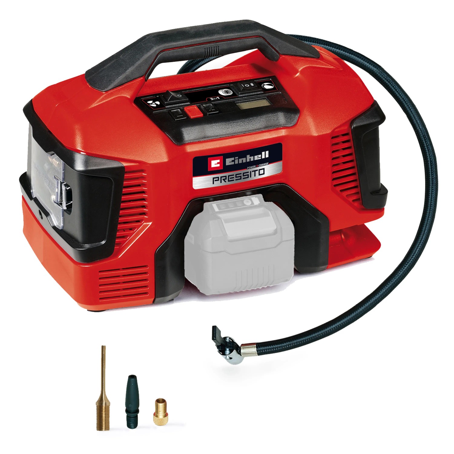 Einhell Power X-Change Pressito 18/21 Solo: Akkus kompresszor digitális kijelzővel és tartozékokkal. Einhell Power X-Change Pressito 18/21 Solo: Akkus kompresszor digitális kijelzővel és tartozékokkal.