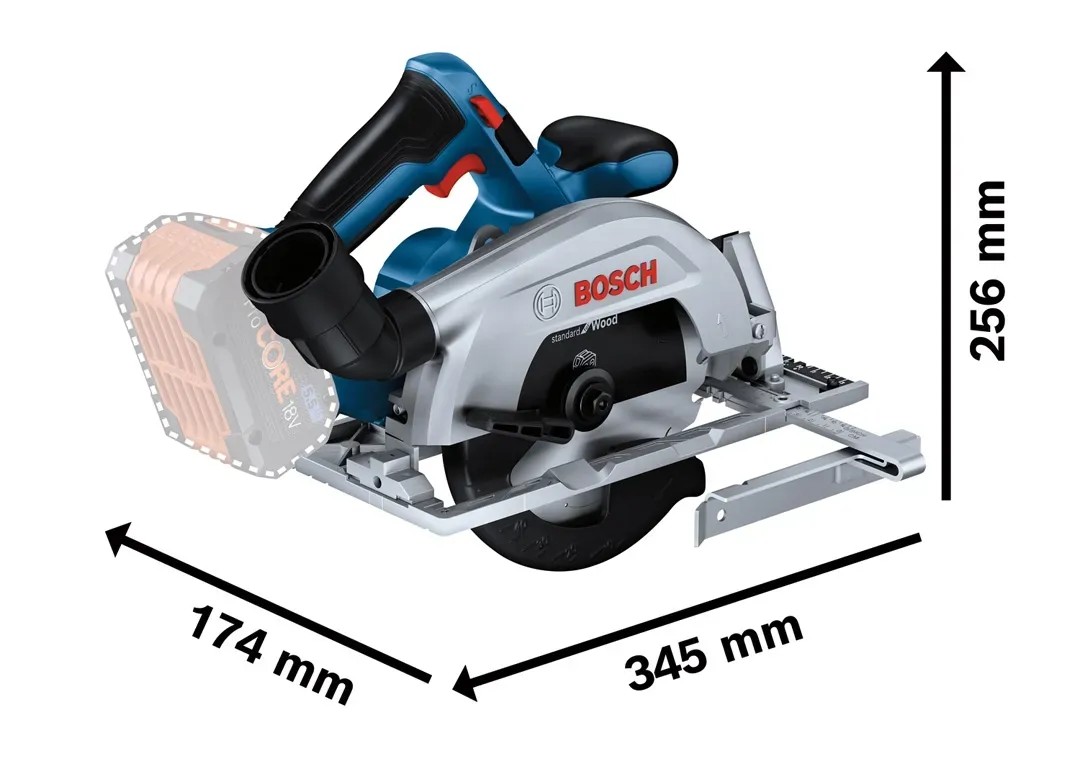 Bosch akkus kézi körfűrész méretekkel: 174 x 345 x 256 mm. Bosch akkus kézi körfűrész méretekkel: 174 x 345 x 256 mm.