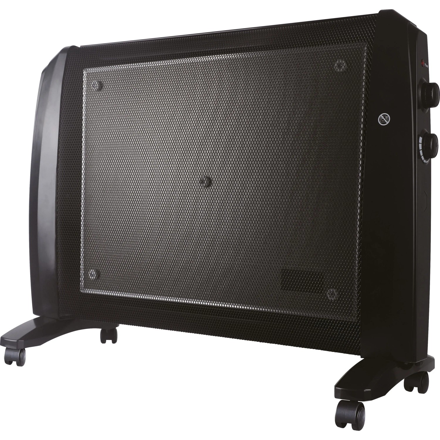 Fekete Harstad 1500 W-os hősugárzó kerekekkel és termosztáttal. Fekete Harstad 1500 W-os hősugárzó kerekekkel és termosztáttal.