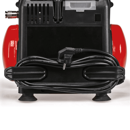 Hátulnézet az Einhell TC-AC 190/6/8 olajmentes kompresszor kábelcsévélővel. Hátulnézet az Einhell TC-AC 190/6/8 olajmentes kompresszor kábelcsévélővel.