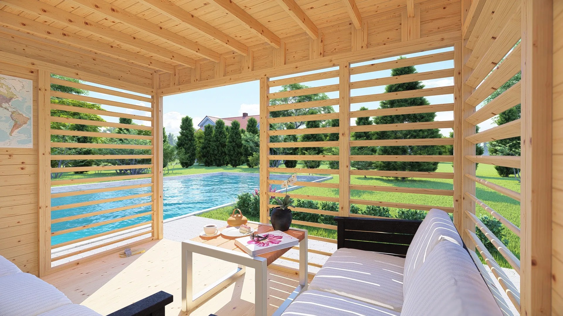 Bertilo fa kerti lounge pavilon 2, természetes, léckerítéses falakkal és kerti bútorokkal. Bertilo fa kerti lounge pavilon 2, természetes, léckerítéses falakkal és kerti bútorokkal.
