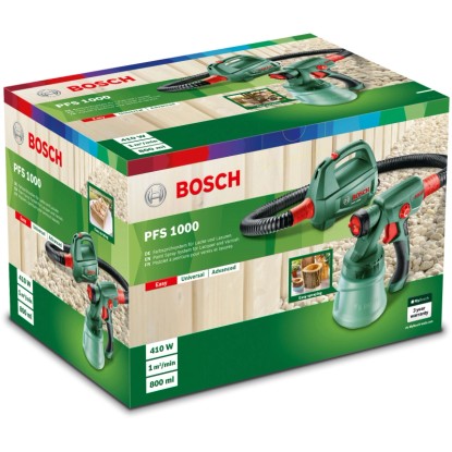 A Bosch PFS 1000 finomszóró rendszer csomagolása festékekhez és lazúrokhoz. A Bosch PFS 1000 finomszóró rendszer csomagolása festékekhez és lazúrokhoz.