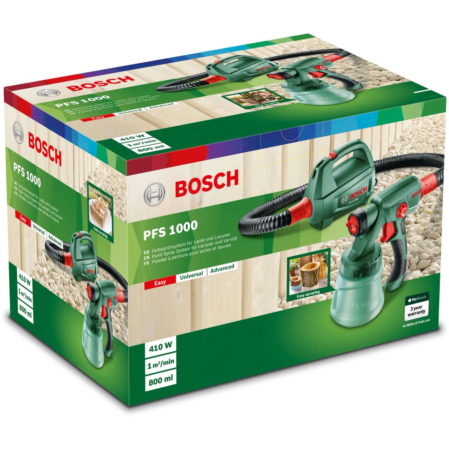 A Bosch PFS 1000 finomszóró rendszer csomagolása festékekhez és lazúrokhoz. A Bosch PFS 1000 finomszóró rendszer csomagolása festékekhez és lazúrokhoz.
