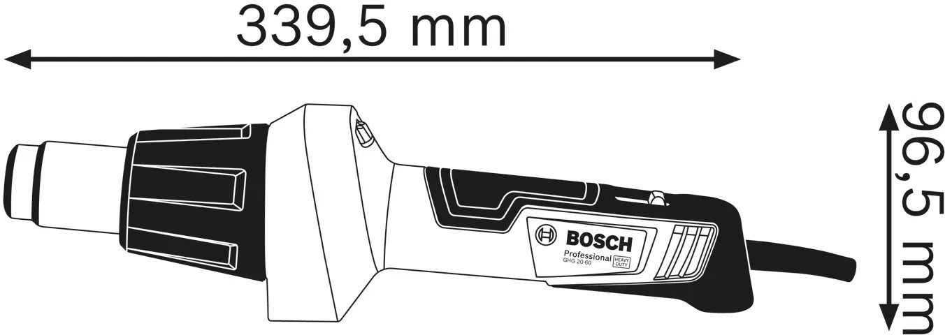 Ábra egy Bosch Professional GHG 20-60 hőlégfúvóról méretekkel. Ábra egy Bosch Professional GHG 20-60 hőlégfúvóról méretekkel.