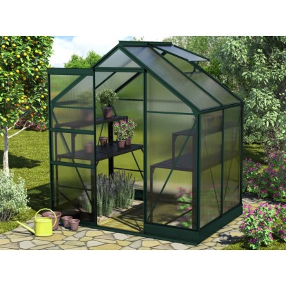 Vitavia Apollo 2500 Smaragd üvegház polcokkal, növényekkel és nyitott tetőablakkal. Vitavia Apollo 2500 Smaragd üvegház polcokkal, növényekkel és nyitott tetőablakkal.