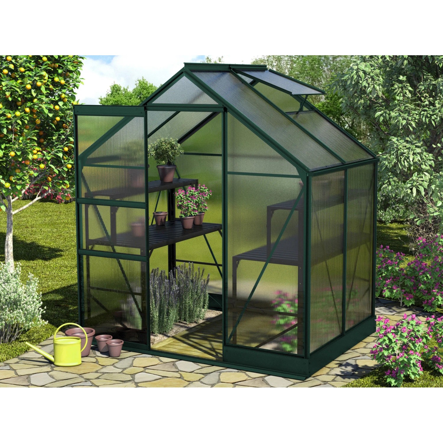 Vitavia Apollo 2500 Smaragd üvegház polcokkal, növényekkel és nyitott tetőablakkal. Vitavia Apollo 2500 Smaragd üvegház polcokkal, növényekkel és nyitott tetőablakkal.