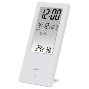 Fehér digitális hőmérő, amely mutatja az időt, dátumot, hőmérsékletet és páratartalmat.