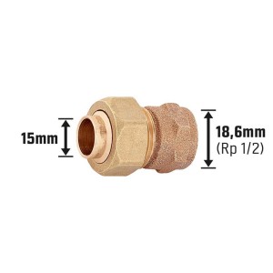 Vörösréz forrasztó idom, 15 mm x 18,6 mm (Rp 1/2), rézcsövekhez, kétrészes és levehető.