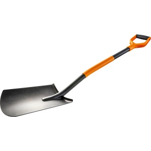 OBI ásó, 115 cm, acél pengével és narancs-fekete nyéllel kertészkedéshez.