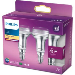 Philips LED E14 R50 reflektor, 2 db-os szett. Meleg fehér fény, 2,8 W. Tökéletes nappaliba és étkezőbe.
