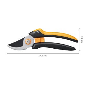 Fiskars Bypass metszőolló Solid P341-L, kerti olló sárga-fekete nyéllel és méretekkel.