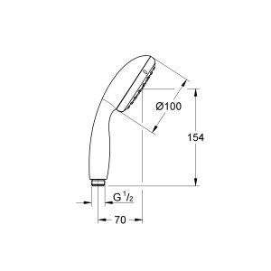 A Grohe QuickFix Vitalio Go 100 króm kézizuhany műszaki rajza méretekkel.