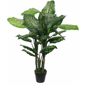 Dekoratív Dieffenbachia műnövény, 105 cm magas, nagy, világoszöld mintás levelekkel, fekete cserépben.