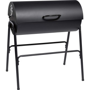 Fekete, hordó alakú faszenes grill fedővel és szellőzésszabályozással.