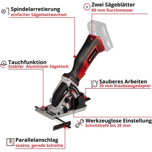 Einhell Power X-Change TE-CS 18/89 Li Solo akkus mini körfűrész: Kompakt fűrész párhuzamos vezetővel és merülő funkcióval.