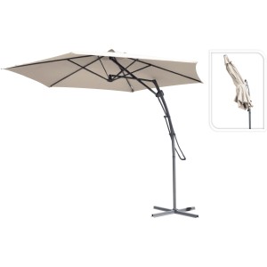 Taupe színű, 380 cm átmérőjű, karos napernyő, karos mechanizmussal és állvánnyal.
