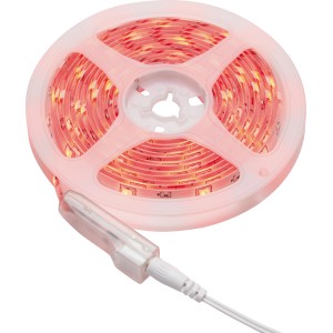 Feltekert 3 m-es RGB LED flexibilis szalag távirányítóval, pirosan világít.