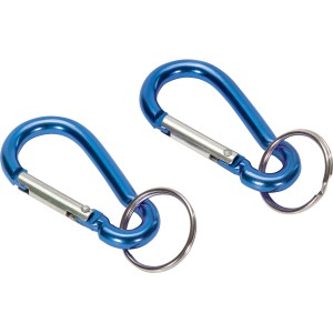 Két kék alumínium karabiner 50 mm-es kulcstartóval.