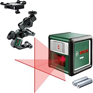 Bosch Quigo vonalas lézer MM 2 univerzális szorítóval, piros lézersugarakat vetít.