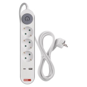 EMOS Hosszabbító 2 m/3 aljzat/kapcsolós/fehér/1x USB-A + 1x USB-C/1,5 mm2