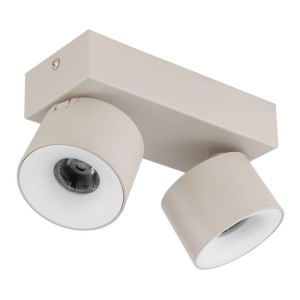 Globo Rae LED spotlámpa, matt homokszínű. Két hengeres fém fej téglalap alakú alapon. Modern fali lámpa célzott fényhez.