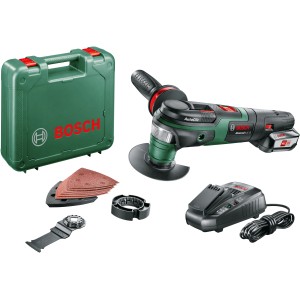 Bosch AdvancedMulti 18V akkus multifunkciós szerszámkészlet akkumulátorral, töltővel és tartozékokkal a tokban.