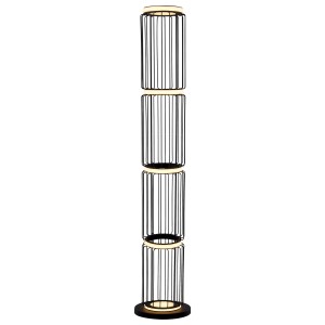 Modern LED állólámpa fekete fémvázzal és hengeres lámpaernyőkkel.