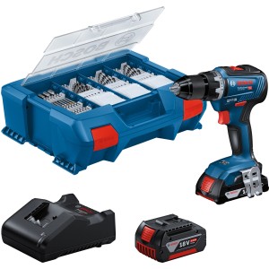 Bosch Professional GSR 18V-55 akkus fúrócsavarozó készlet akkumulátorokkal, töltővel, L-Case tárolóval és 100 részes tartozékkészlettel.