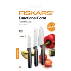 Fiskars Functional Form késkészlet, 3 részes rozsdamentes acél pengékkel és puha markolattal.