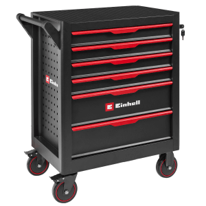 Einhell 149 részes, matt fekete szerszámkocsi 6 fiókkal és kerekekkel.