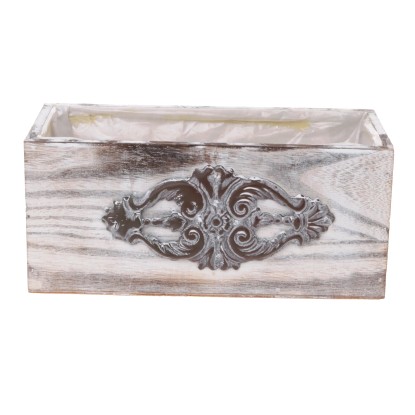 Virágcserép fa fém díszítéssel kb. 25 cm x 11 cm x 11 cm natúr-fehér-mosott