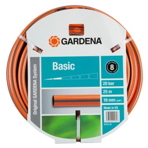 Gardena Basic kerti tömlő, 25m, narancssárga szürke csíkokkal, feltekercselve.