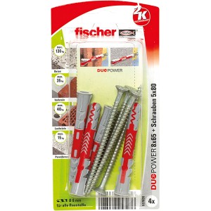 Fischer Duopower 8x65 dübel csavarokkal, 4 darabos készlet. Univerzális dübel a biztonságos rögzítéshez.