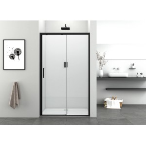 Sanotechnik Elite tolóajtós zuhanykabin, 120 cm széles, Soft Close funkcióval és fekete kerettel.
