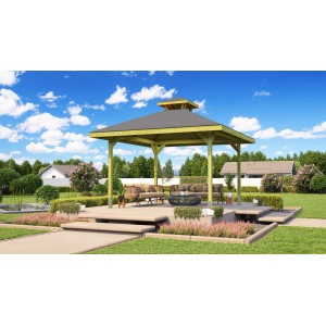 Weka kerti pavilon tetővel, 380x380 cm, kerti ülőgarnitúrával.