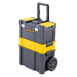 Stanley Rollende Werkstatt Essential STST1-80151, szürke szerszámosláda sárga elemekkel és teleszkópos fogantyúval.