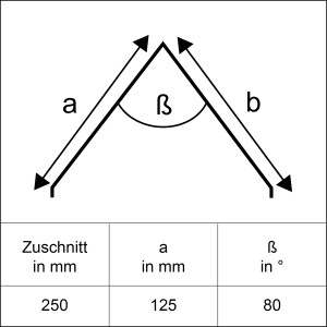 Vázlat natúr alu élhajlító lemez 250x2000mm méretekkel a, b és β szög.